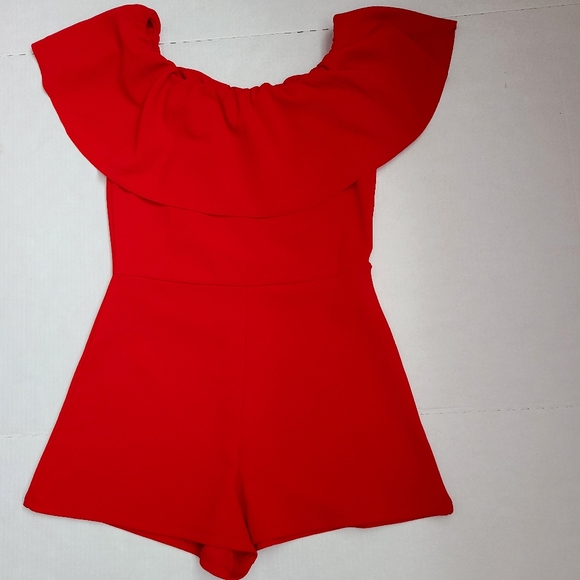 Red Off Shoulder Romper Shorts - Picture 2 of 9